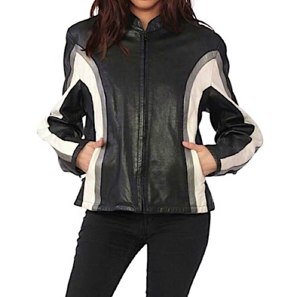 UNIK Leather Black‎ With White Gray Striped Racing Biker  Vintage Retro Jacket M
